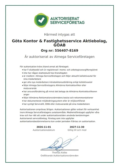 Information om att GÖAB är ett auktoriserat serviceföretag.