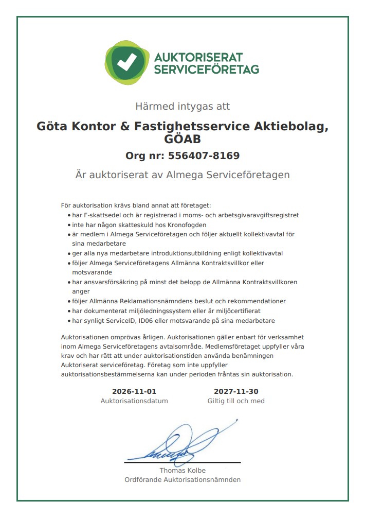 Information om att GÖAB är ett auktoriserat serviceföretag.