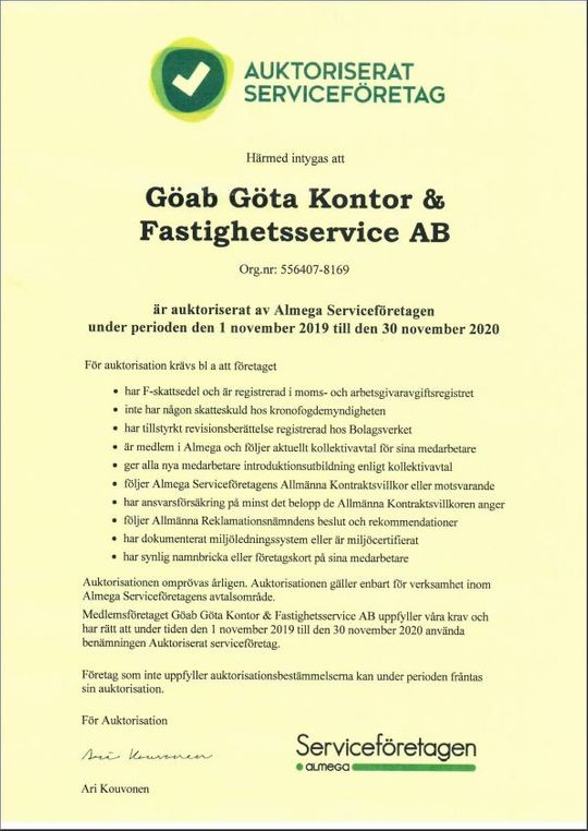 Information om att GÖAB är ett auktoriserat serviceföretag.